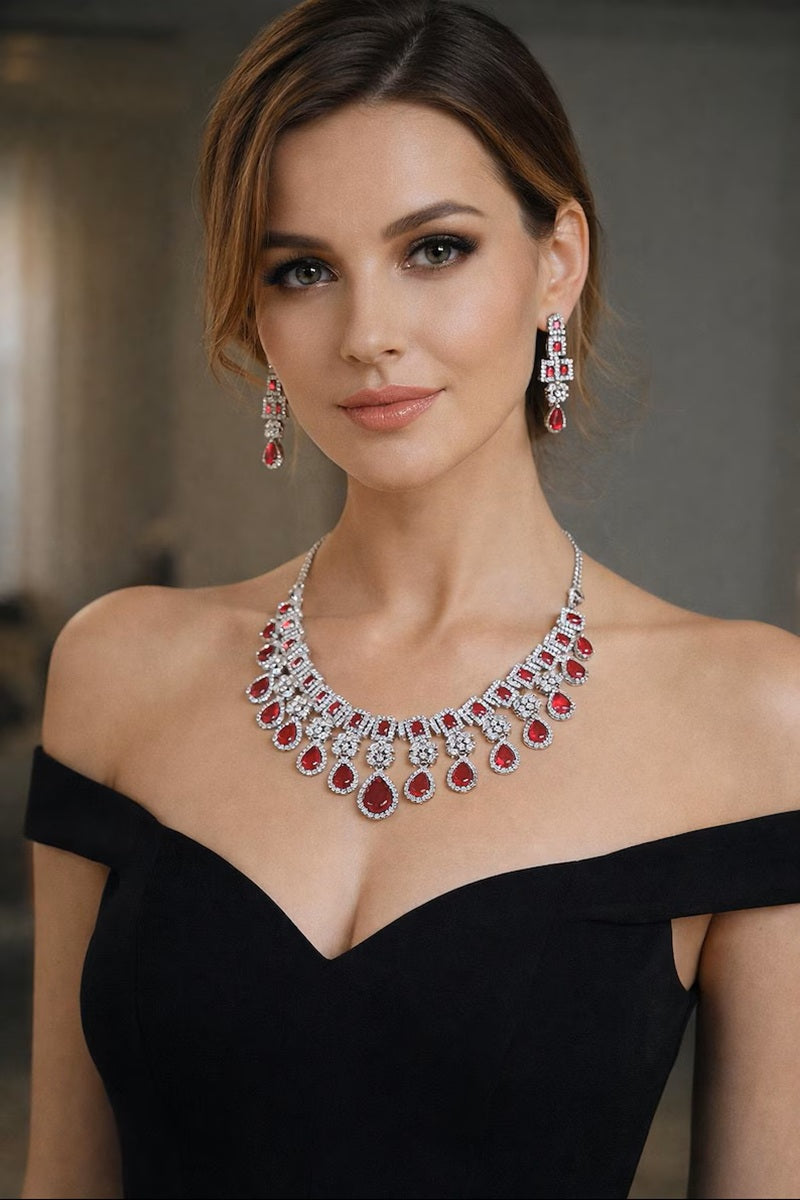 Vastrabhushan Bridal Ruby Red Necklace and Earring Set | CZ Diamond Choker | Grocsy