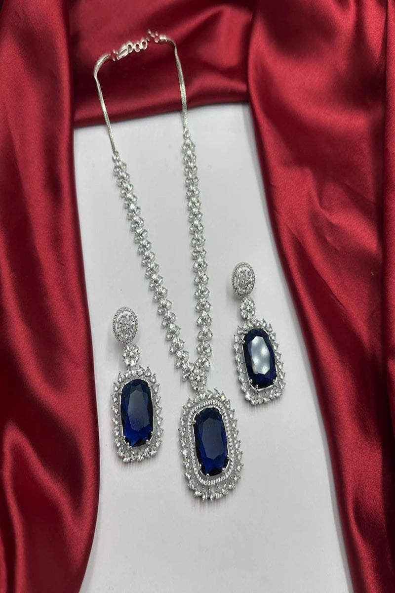 Vastrabhushan Royal Blue Sapphire Necklace & Earrings Set|Silver CZ Bridal Jewelry | Grocsy