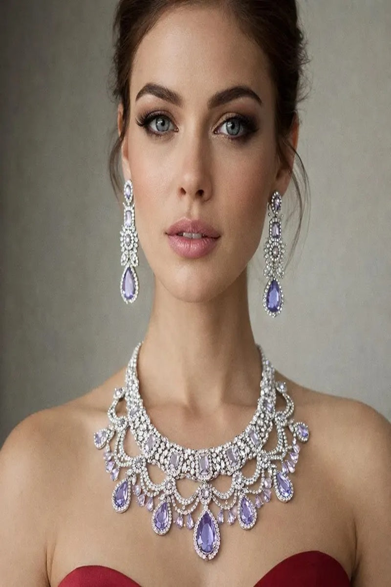 Vastrabhushan Lavender CZ Bridal Jewelry Set | Silver Tone Indian Wedding Necklace, Earrings & Maang Tikka | Grocsy