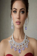 Vastrabhushan Lavender CZ Bridal Jewelry Set | Silver Tone Indian Wedding Necklace, Earrings & Maang Tikka | Grocsy