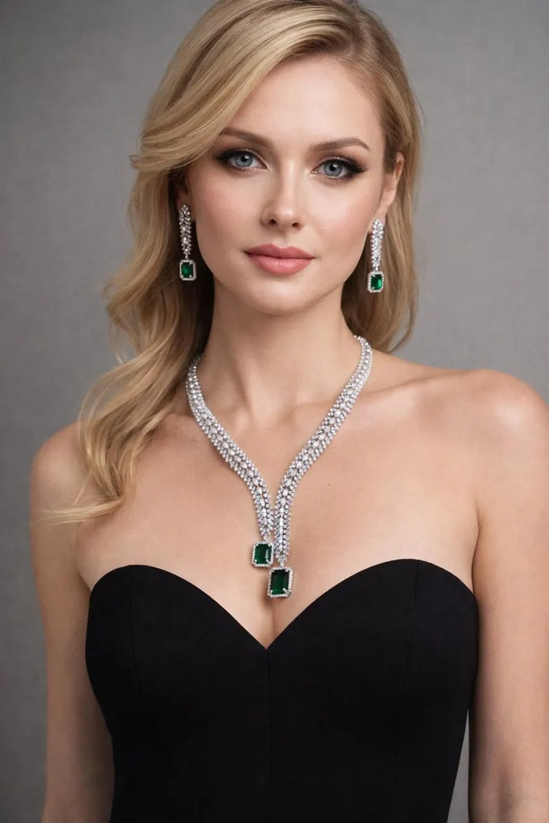 Vastrabhushan Emerald Green AD Bridal Jewelry Set | American Diamond Necklace & Earrings | Grocsy