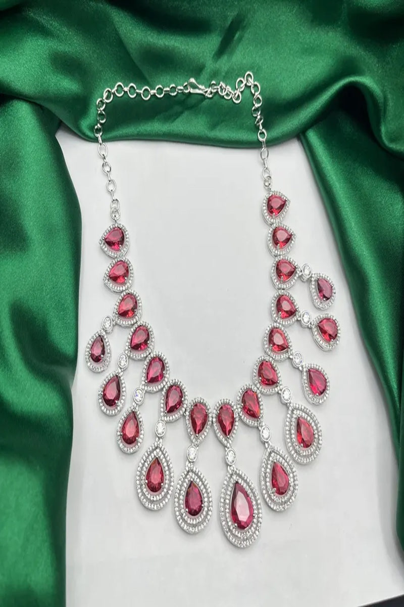 Vastrabhushan Ruby Red Teardrop Necklace & Earrings Set – Silver CZ Bridal Jewelry | Grocsy