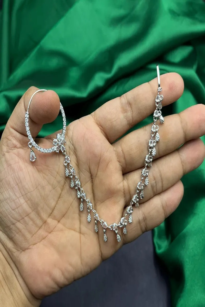 Vastrabhushan Silver Look Piercing Bridal Nath with Chain | CZ Stone Indian Nose Ring | Grocsy