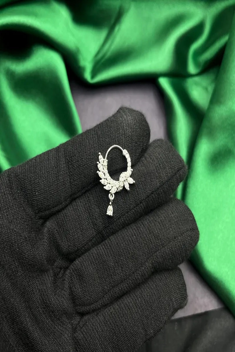 Vastrabhushan Silver CZ Leaf Bridal Nath | Indian Teardrop Nose Ring | Grocsy