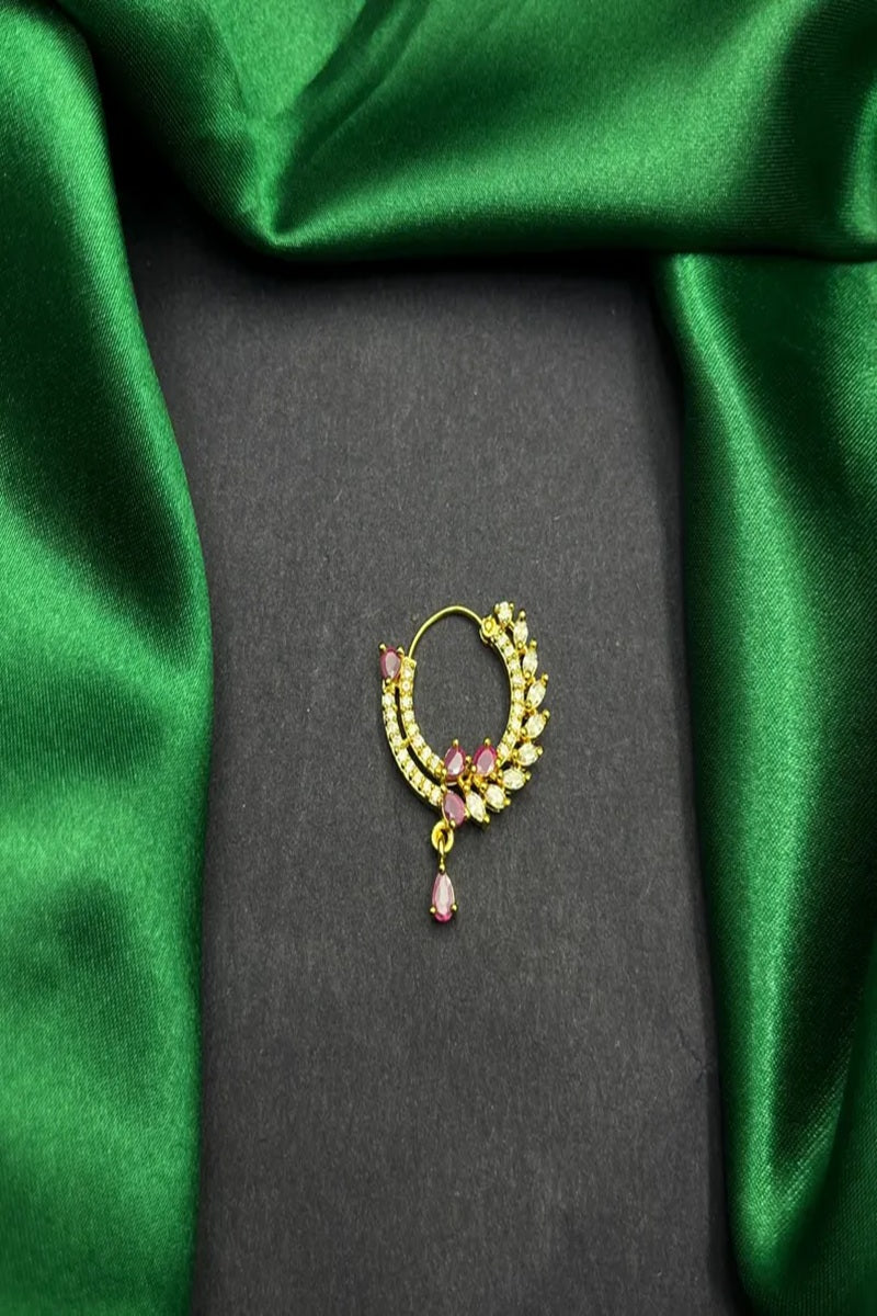 Vastrabhushan Gold Plated CZ Ruby Hoop Nose Ring|Teardrop Indian Nath | Grocsy