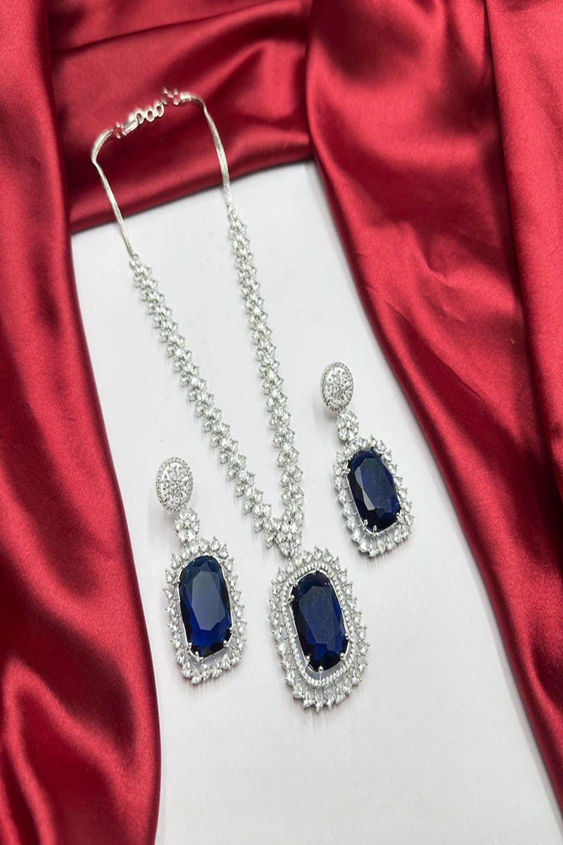 Vastrabhushan Royal Blue Sapphire Necklace & Earrings Set|Silver CZ Bridal Jewelry | Grocsy