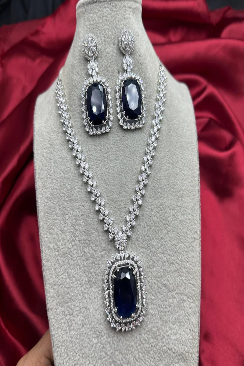 Vastrabhushan Royal Blue Sapphire Necklace & Earrings Set|Silver CZ Bridal Jewelry | Grocsy