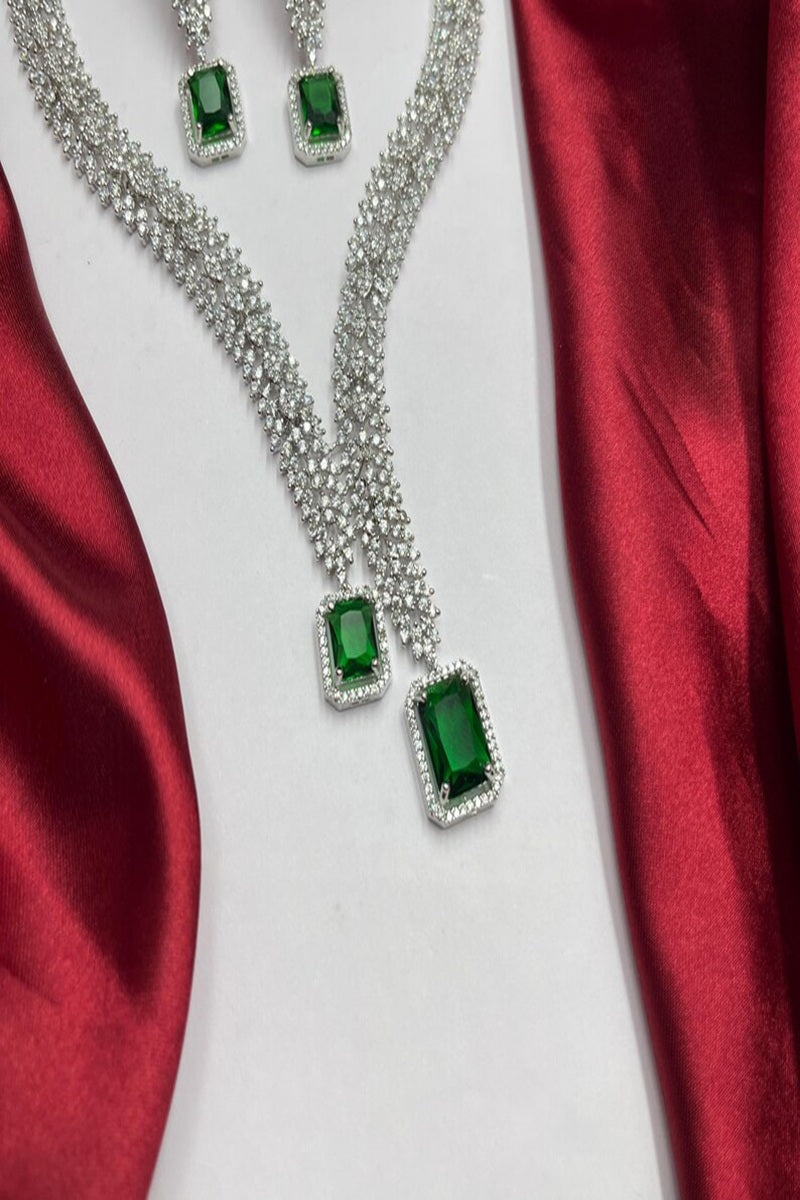 Vastrabhushan Emerald Green AD Bridal Jewelry Set | American Diamond Necklace & Earrings | Grocsy