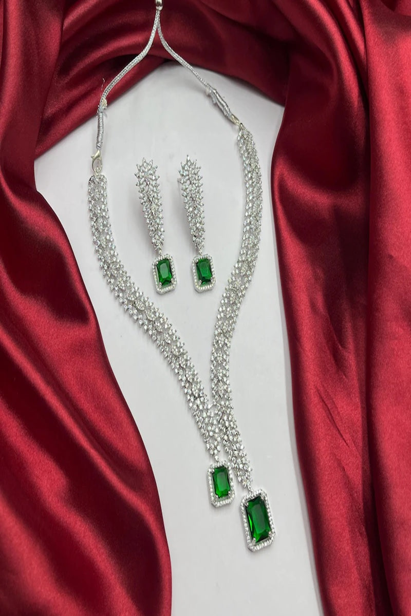 Vastrabhushan Emerald Green AD Bridal Jewelry Set | American Diamond Necklace & Earrings | Grocsy