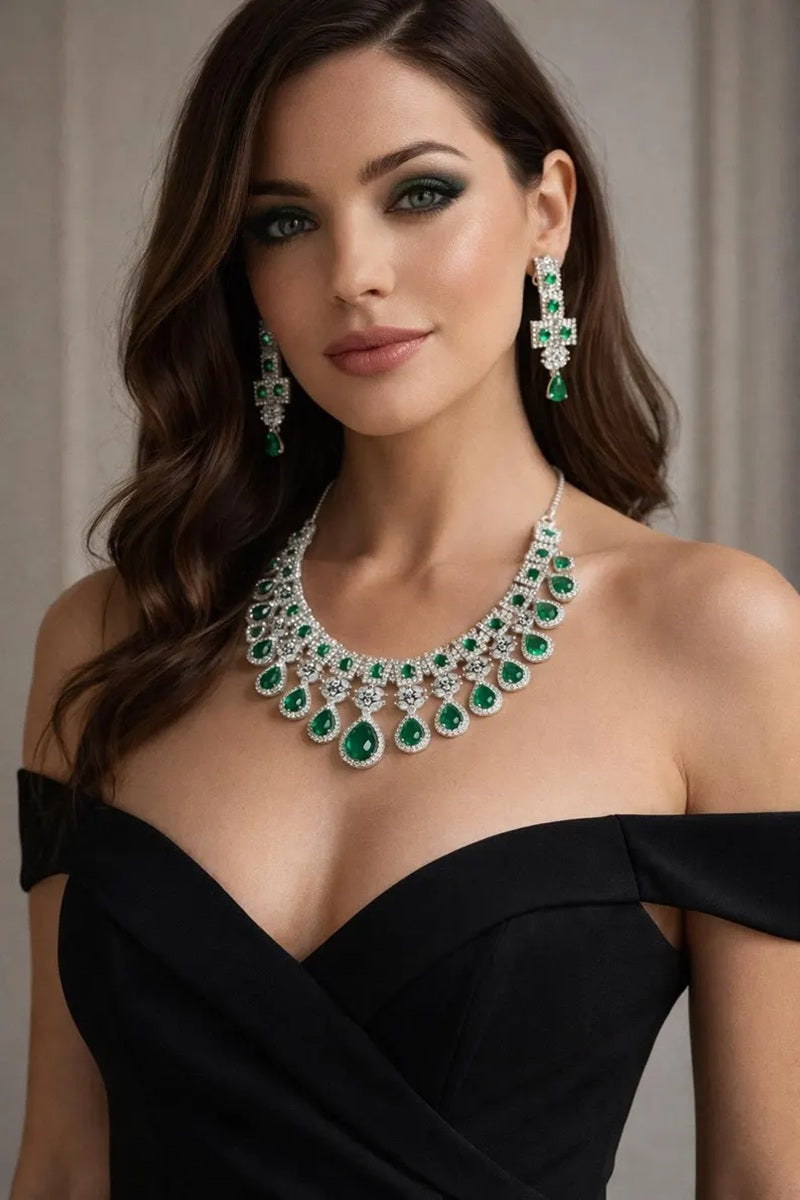 Vastrabhushan Emerald Green CZ Bridal Jewelry Set | Silver Tone Wedding Necklace | Grocsy