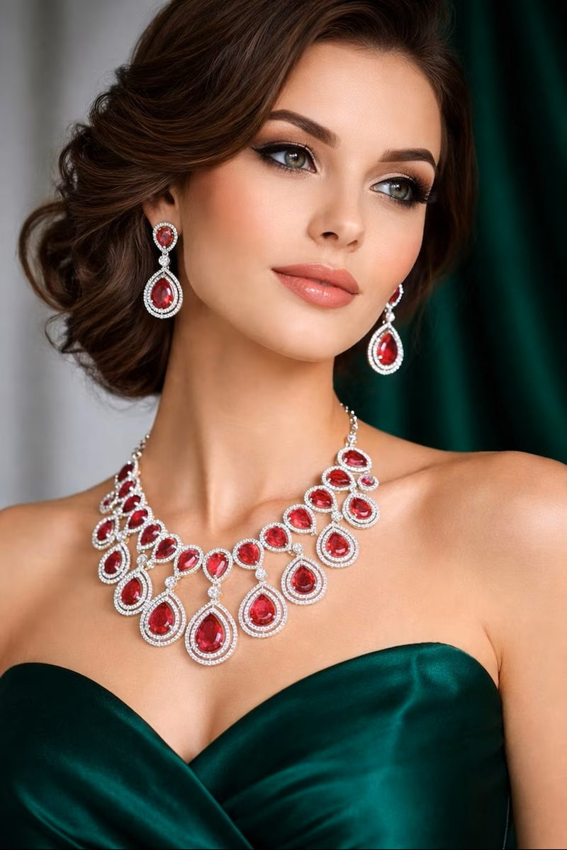 Vastrabhushan Ruby Red Teardrop Necklace & Earrings Set – Silver CZ Bridal Jewelry | Grocsy