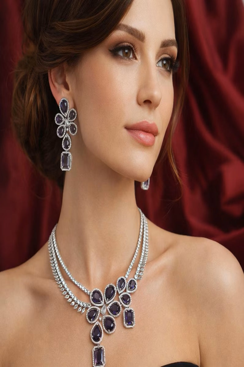 Vastrabhushan Purple Stone Bridal Jewelry Set: Silver Plated CZ Necklace and Earrings | Grocsy