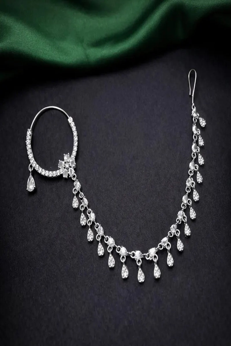 Vastrabhushan Silver Look Piercing Bridal Nath with Chain | CZ Stone Indian Nose Ring | Grocsy