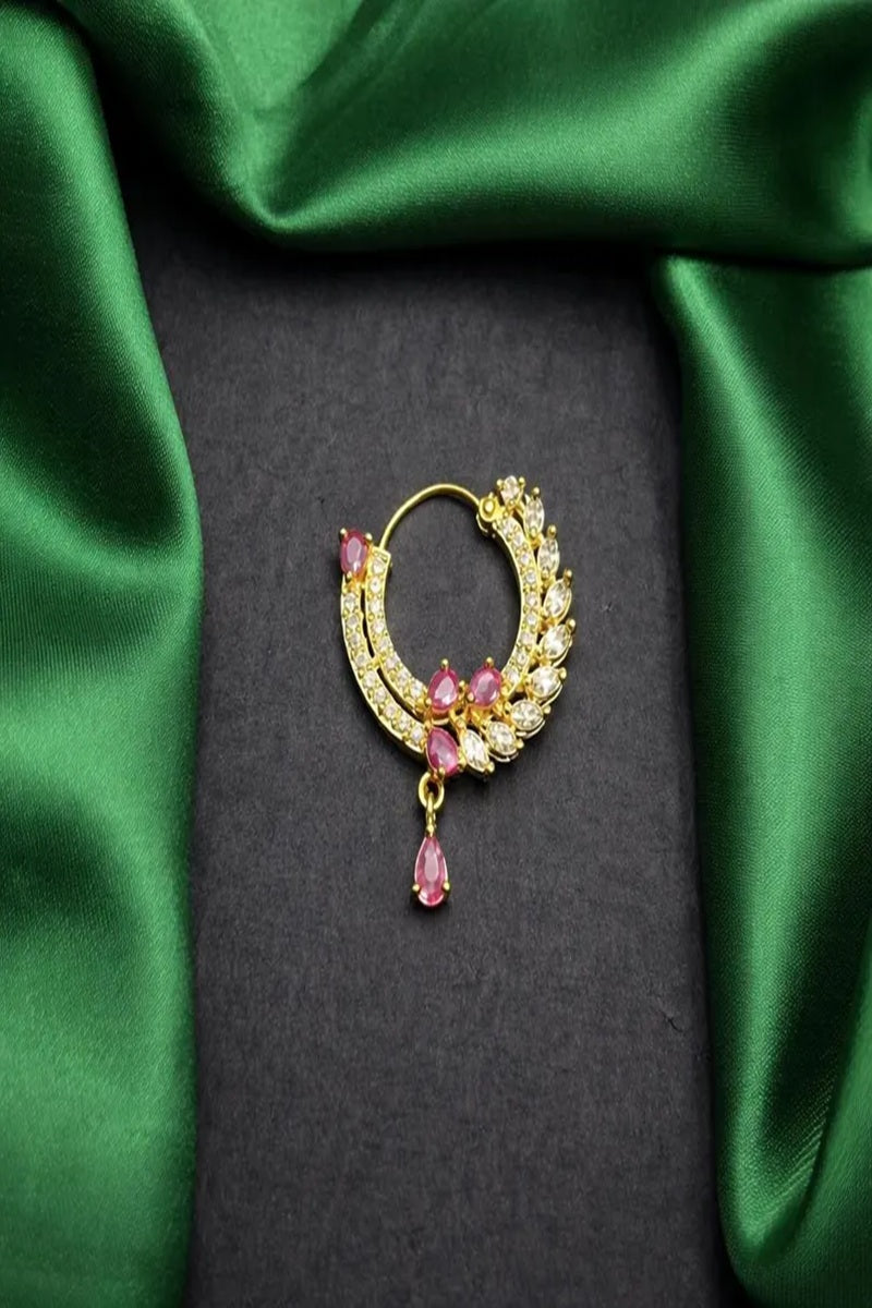 Vastrabhushan Gold Plated CZ Ruby Hoop Nose Ring|Teardrop Indian Nath | Grocsy