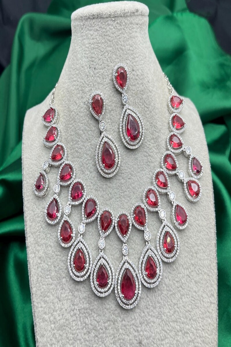 Vastrabhushan Ruby Red Teardrop Necklace & Earrings Set – Silver CZ Bridal Jewelry | Grocsy
