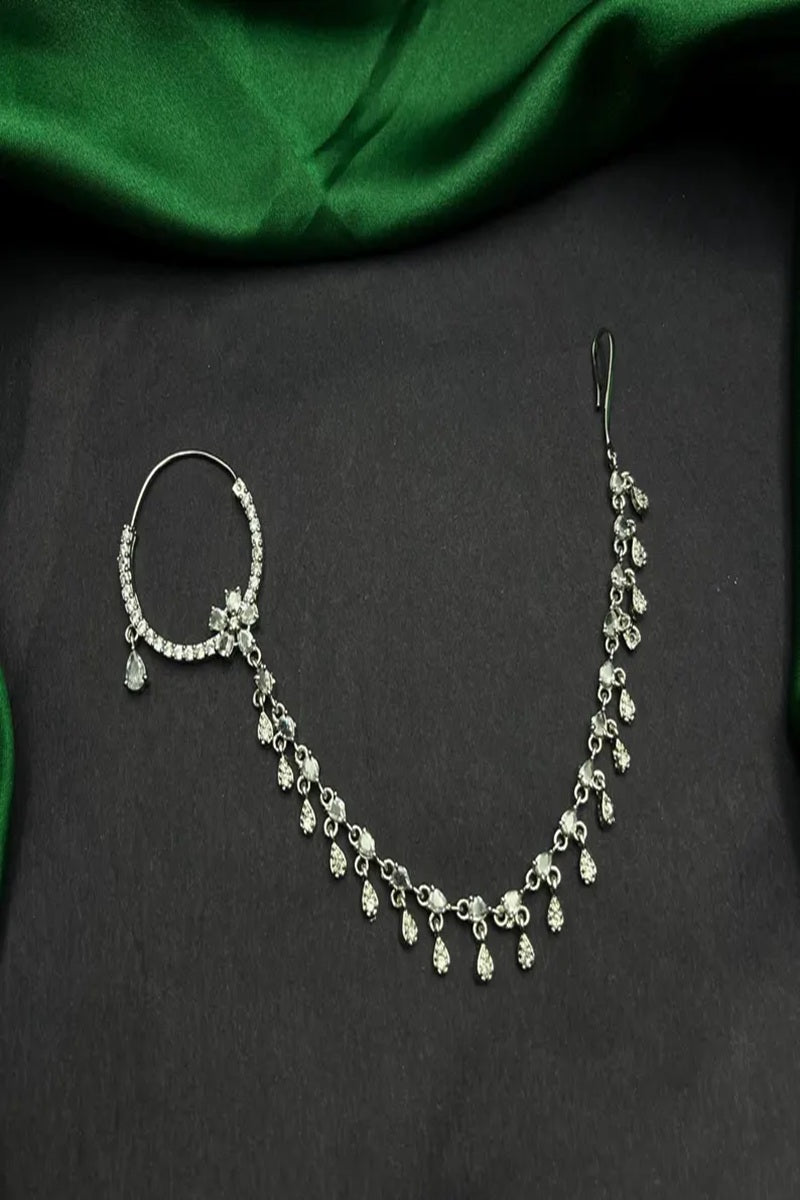 Vastrabhushan Silver Look Piercing Bridal Nath with Chain | CZ Stone Indian Nose Ring | Grocsy