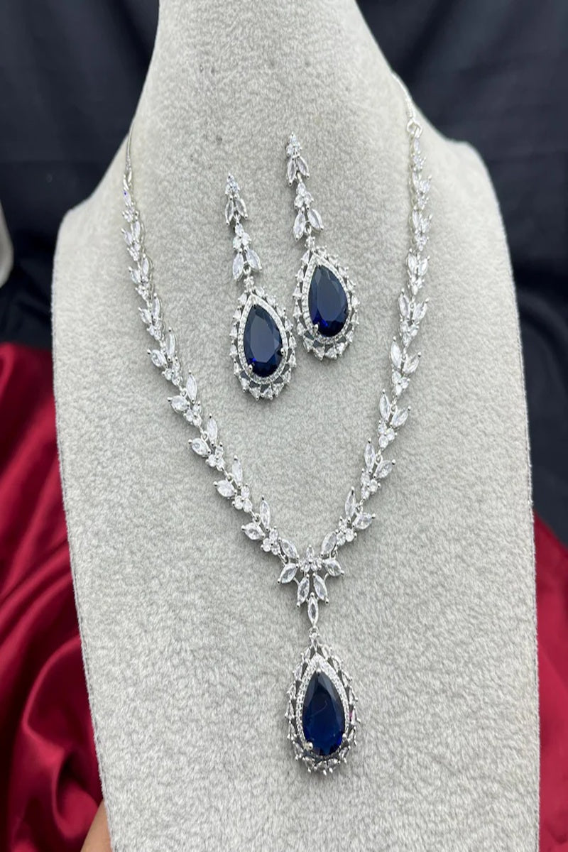 Vastrabhushan Royal Blue Teardrop Crystal Necklace Earrings Set – Bridal Statement Jewelry | Grocsy