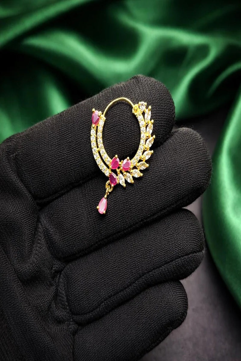 Vastrabhushan Gold Plated CZ Ruby Hoop Nose Ring|Teardrop Indian Nath | Grocsy