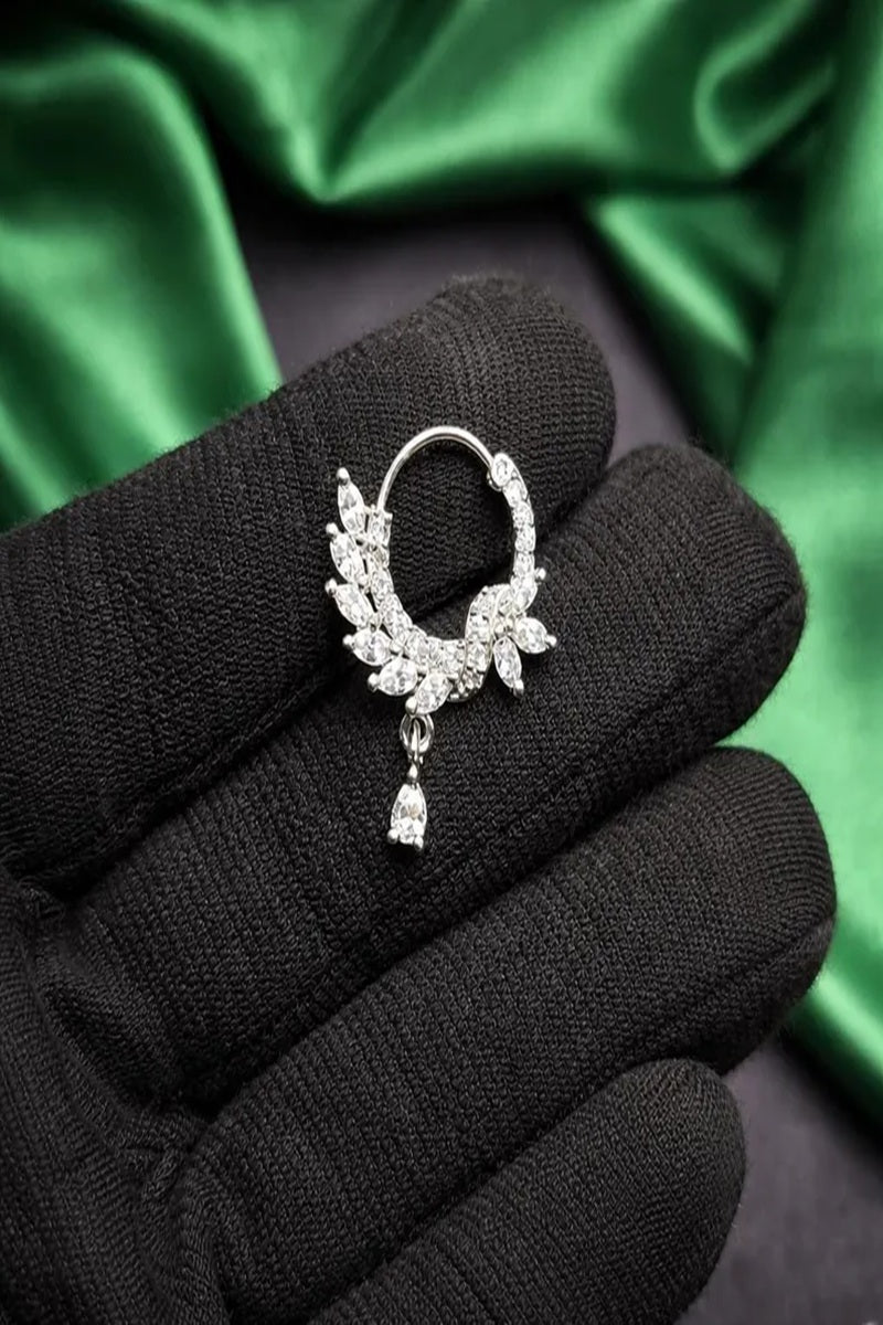 Vastrabhushan Silver CZ Leaf Bridal Nath | Indian Teardrop Nose Ring | Grocsy