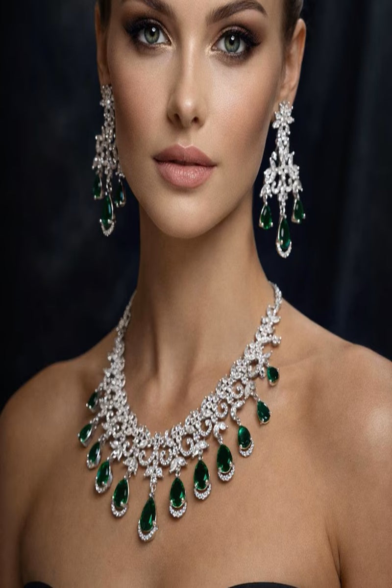 Vastrabhushan Emerald Green CZ Necklace Set: Indian Bollywood Jewelry | Grocsy