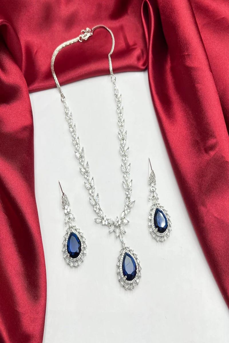 Vastrabhushan Royal Blue Teardrop Crystal Necklace Earrings Set – Bridal Statement Jewelry | Grocsy