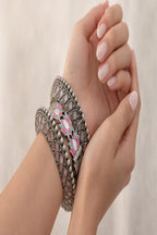 Vastrabhushan Oxidized Silver Lotus Bangle Set with Enamel Meenakari, Boho Statement Kada Bracelet for Women | Grocsy