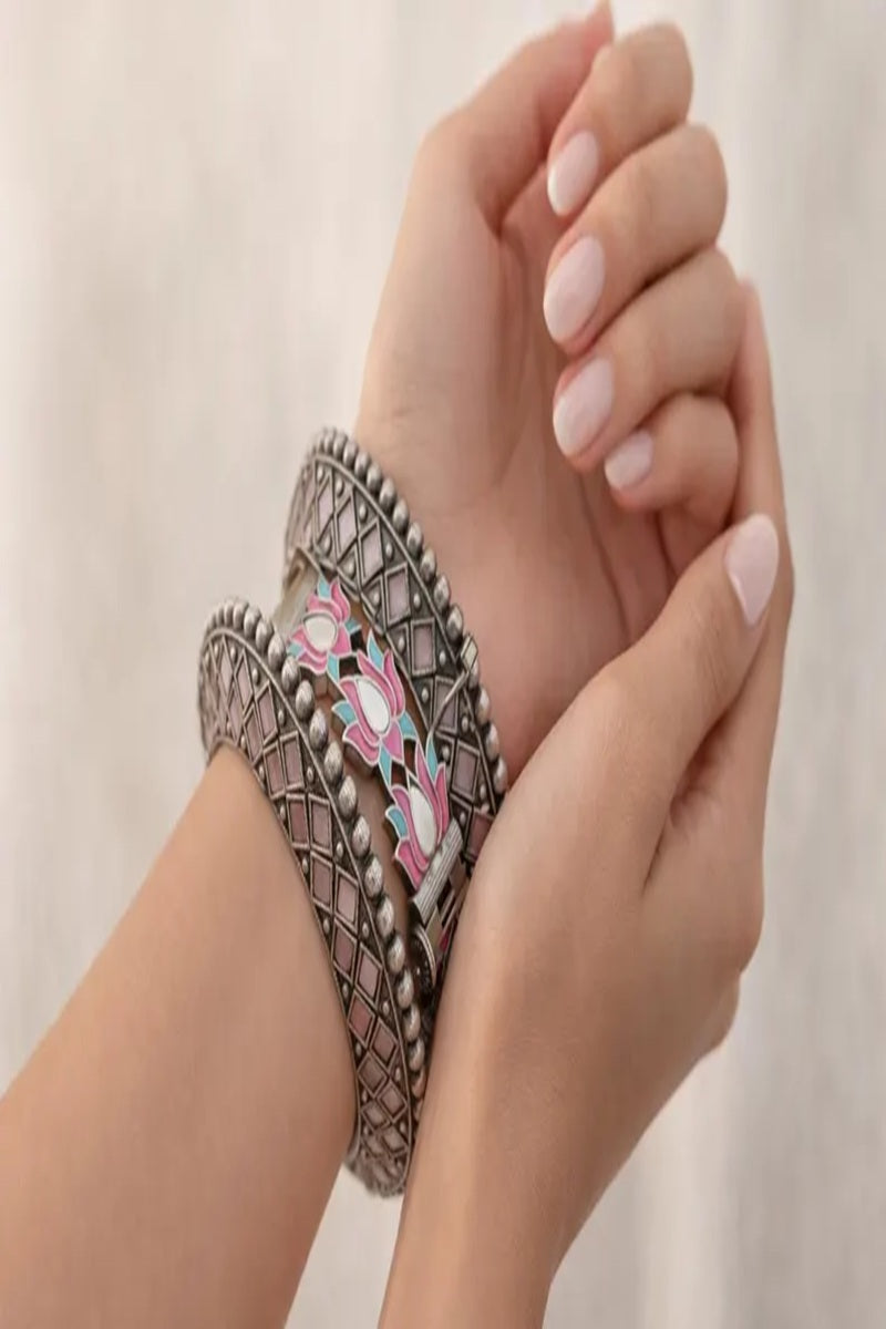 Vastrabhushan Oxidized Silver Lotus Bangle Set with Enamel Meenakari, Boho Statement Kada Bracelet for Women | Grocsy