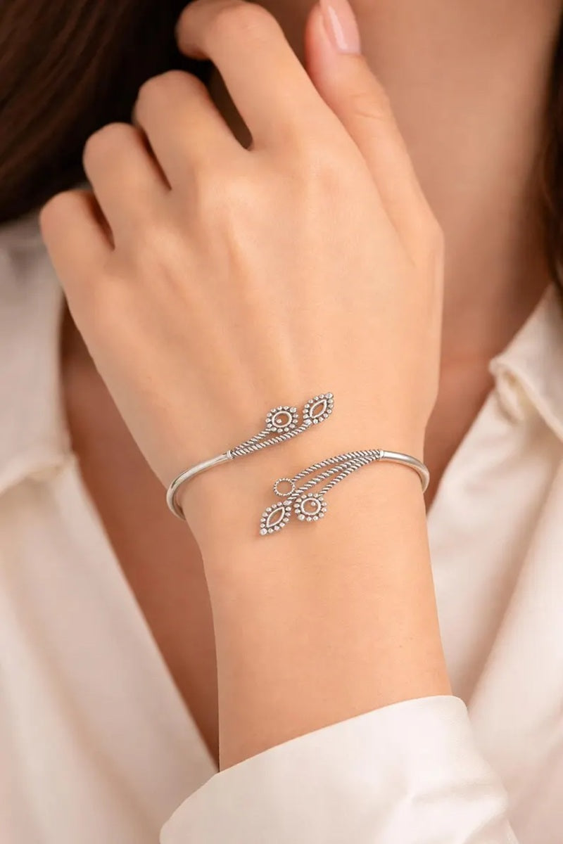 Vastrabhushan Oxidized Silver Leaf Cuff Bracelet|Adjustable Boho Open Bangle | Grocsy