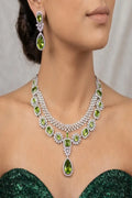 Vastrabhushan Emerald Green Bridal Jewelry Set|Silver-Plated Necklace, Earrings, Maangtika | Grocsy