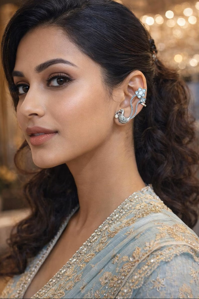 Vastrabhushan Oxidized Silver Peacock Ear Cuff|Indian Traditional Bugadi Earrings | Grocsy