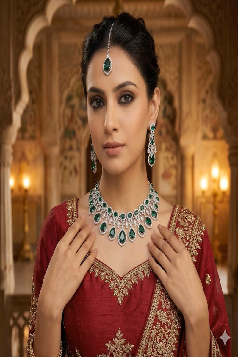 Vastrabhushan Emerald Green Kundan Necklace Set with Maang Tika, Earrings | Grocsy