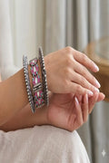 Vastrabhushan Oxidized Silver Lotus Bangle Set with Enamel Meenakari, Boho Statement Kada Bracelet for Women | Grocsy