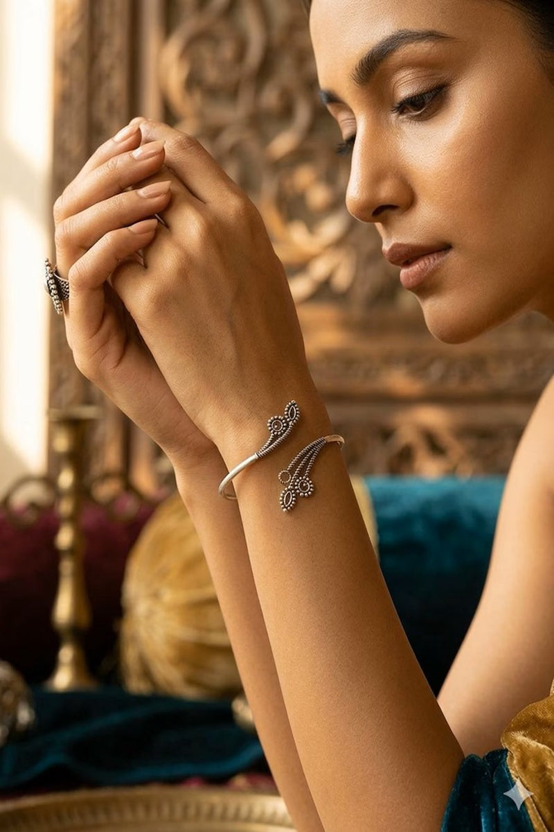 Vastrabhushan Oxidized Silver Leaf Cuff Bracelet|Adjustable Boho Open Bangle | Grocsy
