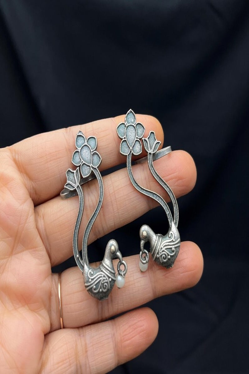 Vastrabhushan Oxidized Silver Peacock Ear Cuff|Indian Traditional Bugadi Earrings | Grocsy