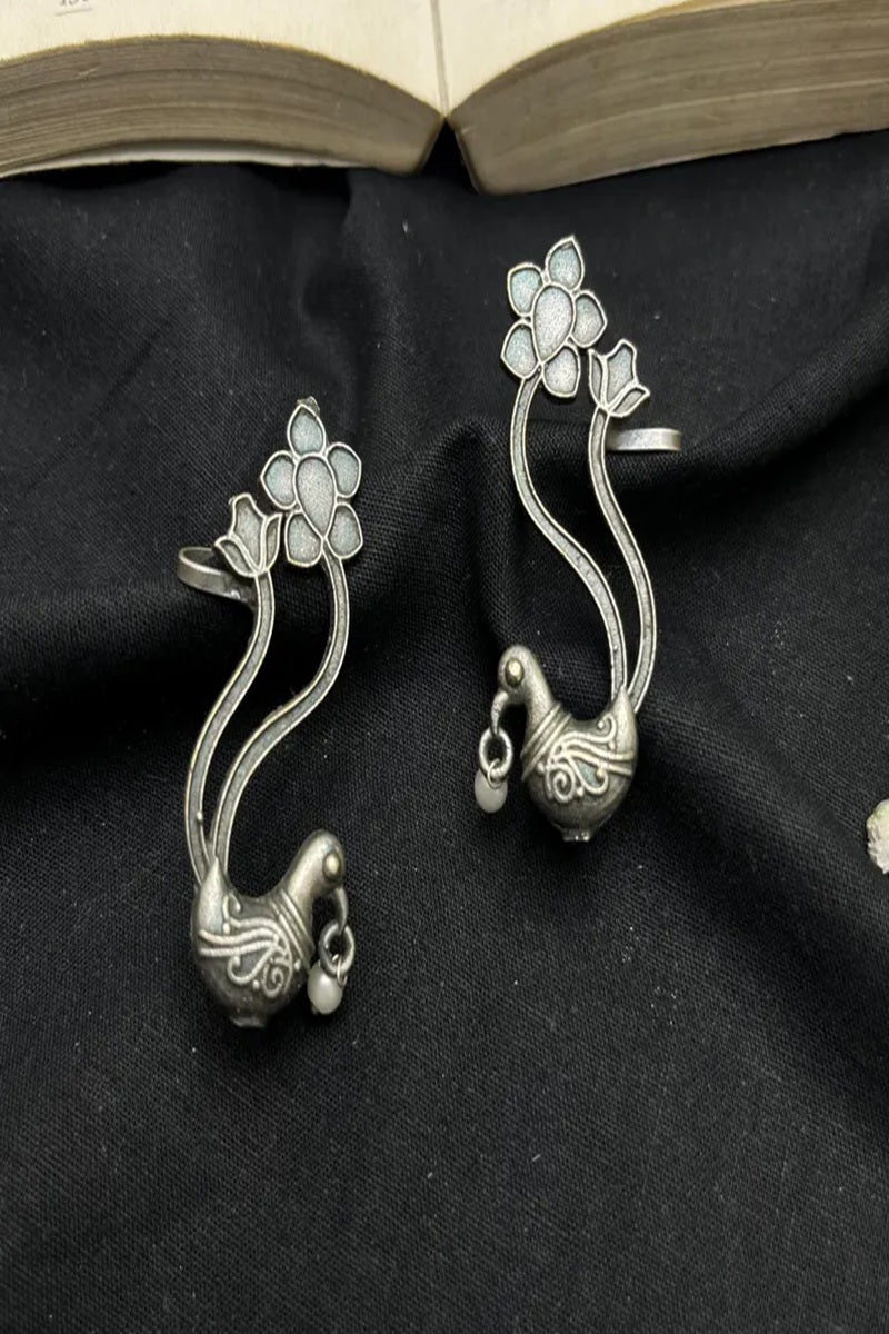 Vastrabhushan Oxidized Silver Peacock Ear Cuff|Indian Traditional Bugadi Earrings | Grocsy