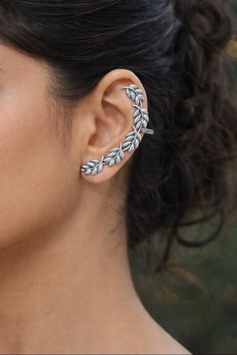 Vastrabhushan Silver Leaf Ear Cuff Earring, Nature Inspired Ear Wrap, Boho Ear Climber | Grocsy