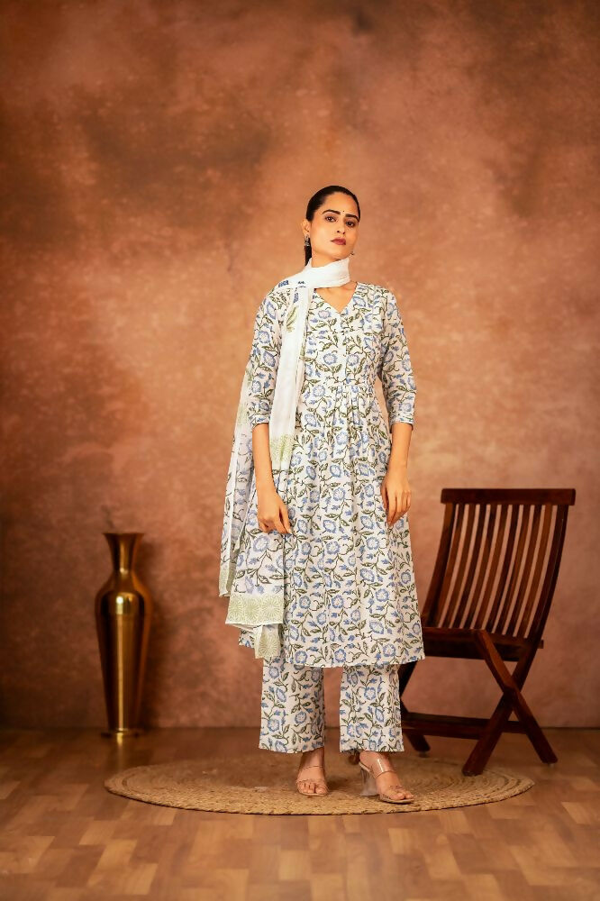 Joban Fashion Blue Hand Block Printed Cotton Suit Set | Grocsy