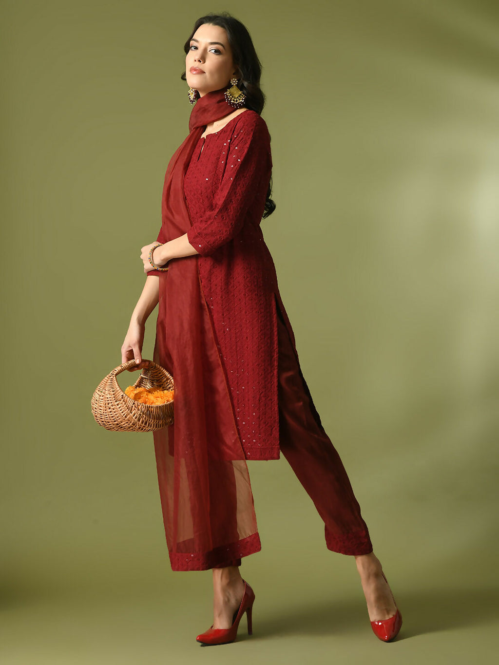 Myshka Women's Maroon Embroidered Cotton Straight Party Kurta Set With Dupatta | Grocsy