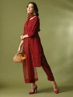 Myshka Women's Maroon Embroidered Cotton Straight Party Kurta Set With Dupatta | Grocsy