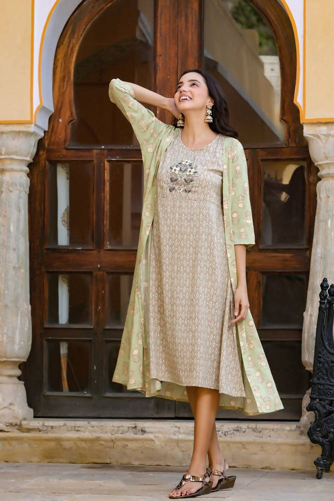 Yufta Green Printed and Embroidered Dress | Grocsy