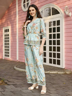 Aqua Blue Rayon Paisley & Floral Printed Top with Matching Bottom - Eesha | Grocsy