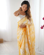 Yellow Jimmy Choo Printed, Sequence Embroidery Work Saree - Saima | Grocsy