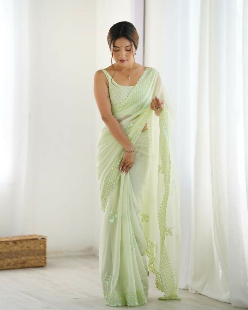 Attractive Looking Georgette Thread, Sequance Embroidery Work Party Wear Saree - Pista | Grocsy