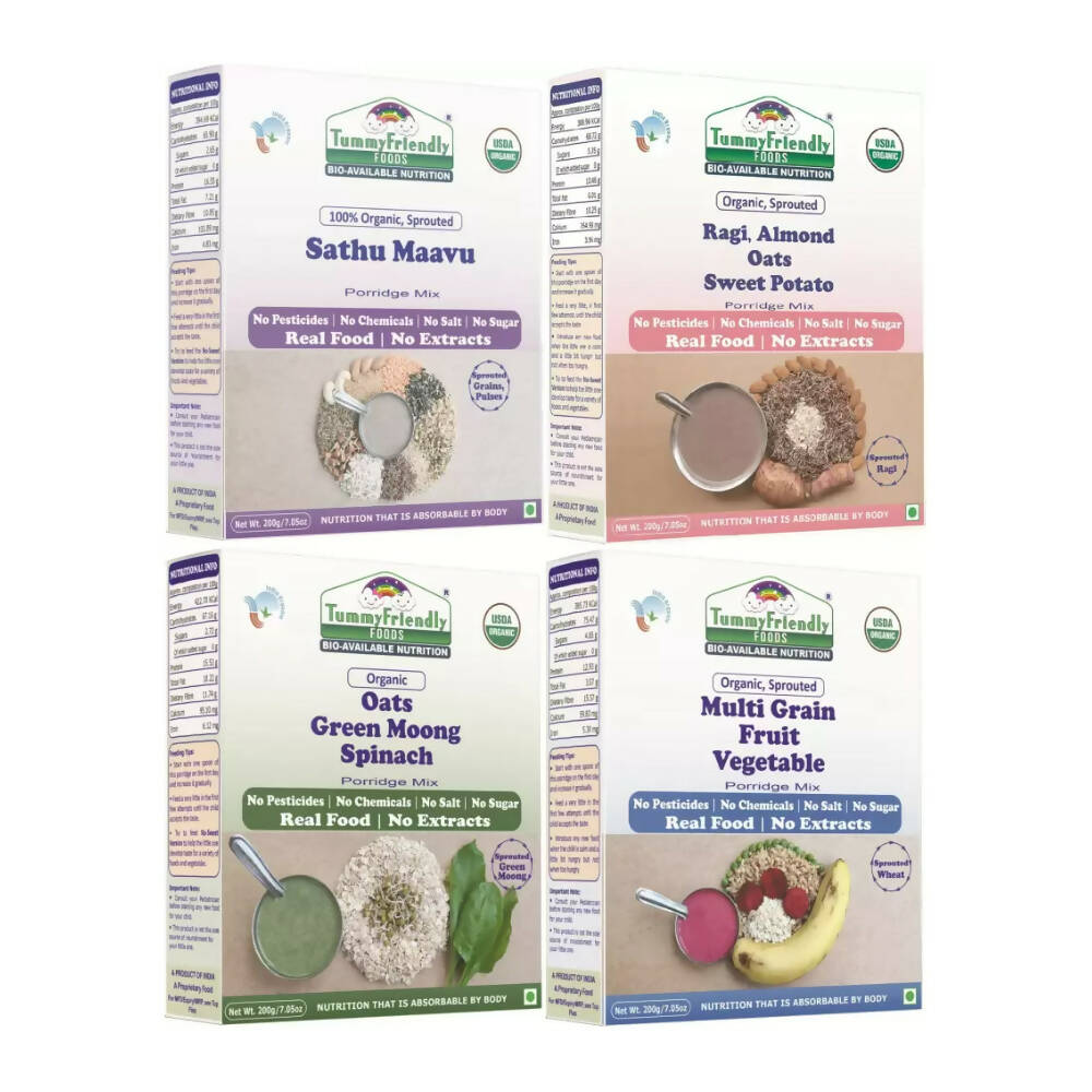 TummyFriendly Foods Organic Certified Stage3 Sprouted Porridge Mixes Combo - 4 Packs With Oats for 8 Months Old Baby | Grocsy