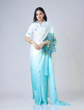Vastranavya Sky Blue & White Ready to Wear Peacock Print Free Hand Saree | Grocsy
