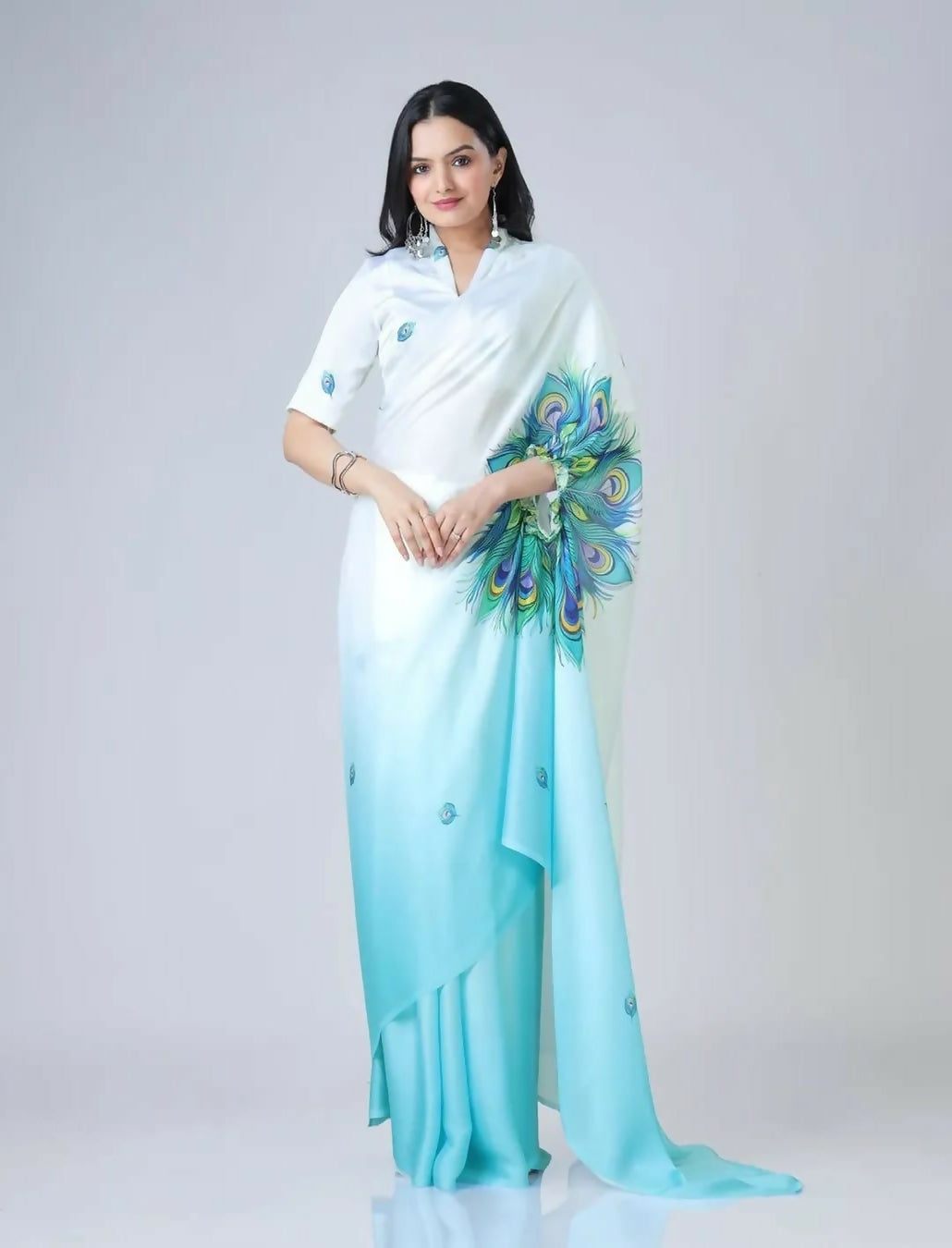 Vastranavya Sky Blue & White Ready to Wear Peacock Print Free Hand Saree | Grocsy