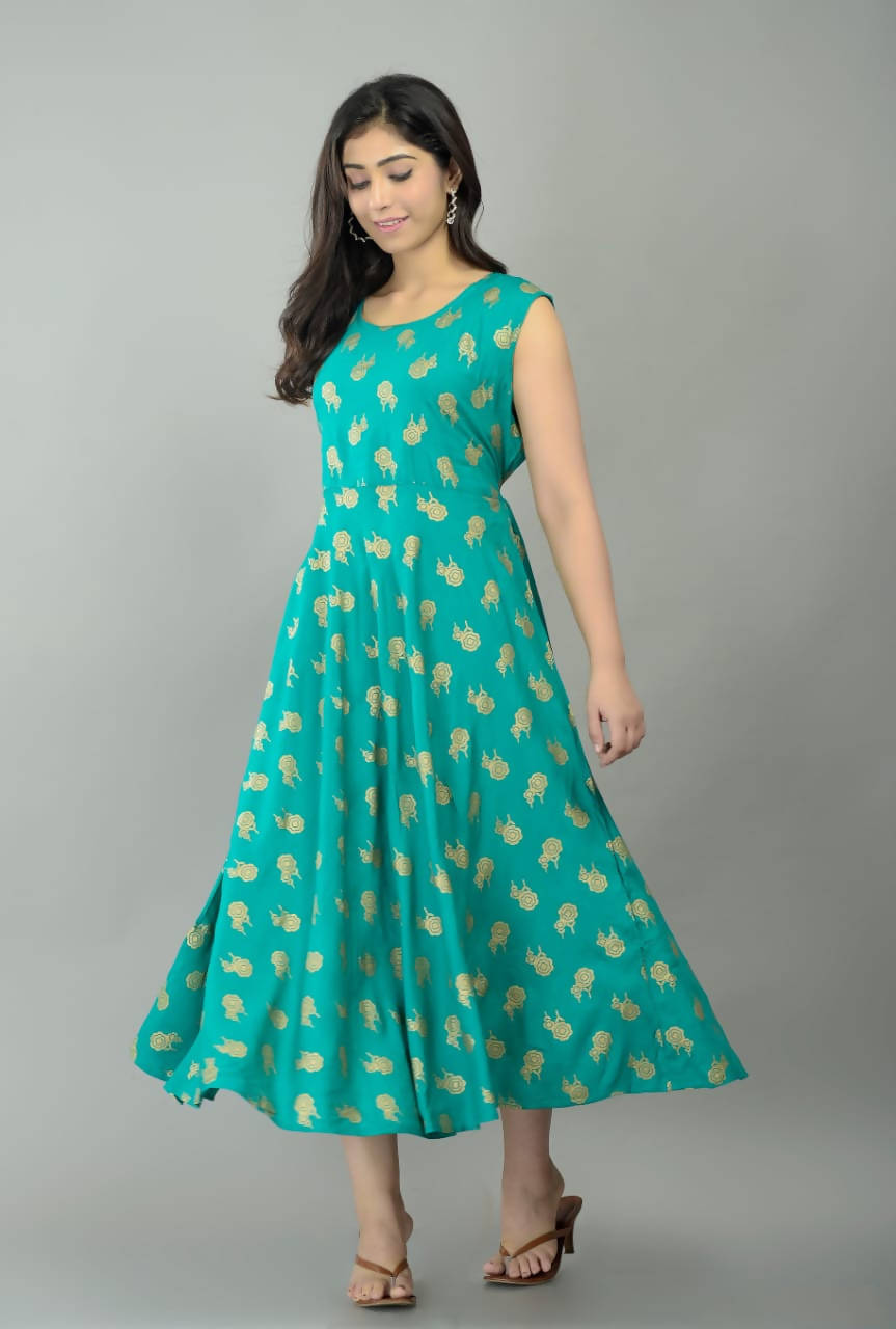 Vamika Sky Blue Rayon Gold Printed Party Wear/Casual Wear Kurti | Grocsy