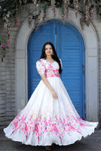 Jyoti Fashion Women's White Floral Digital Printed Chinon Anarkali Dress | Grocsy