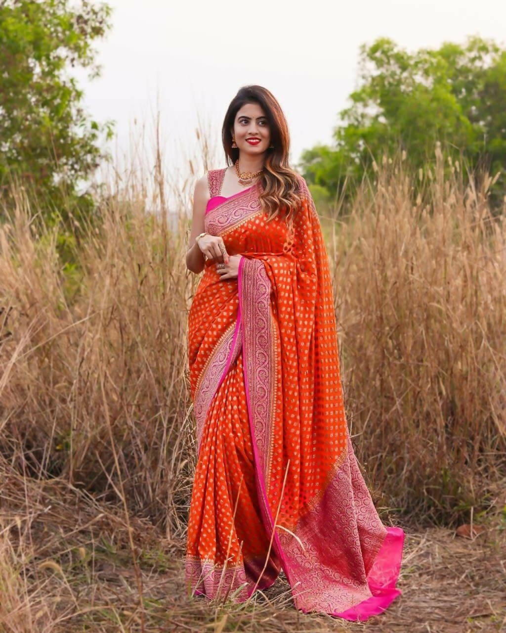 DEIANA'S Beautiful Designer Golden zari Soft Lichi Silk Saree - Orange | Grocsy