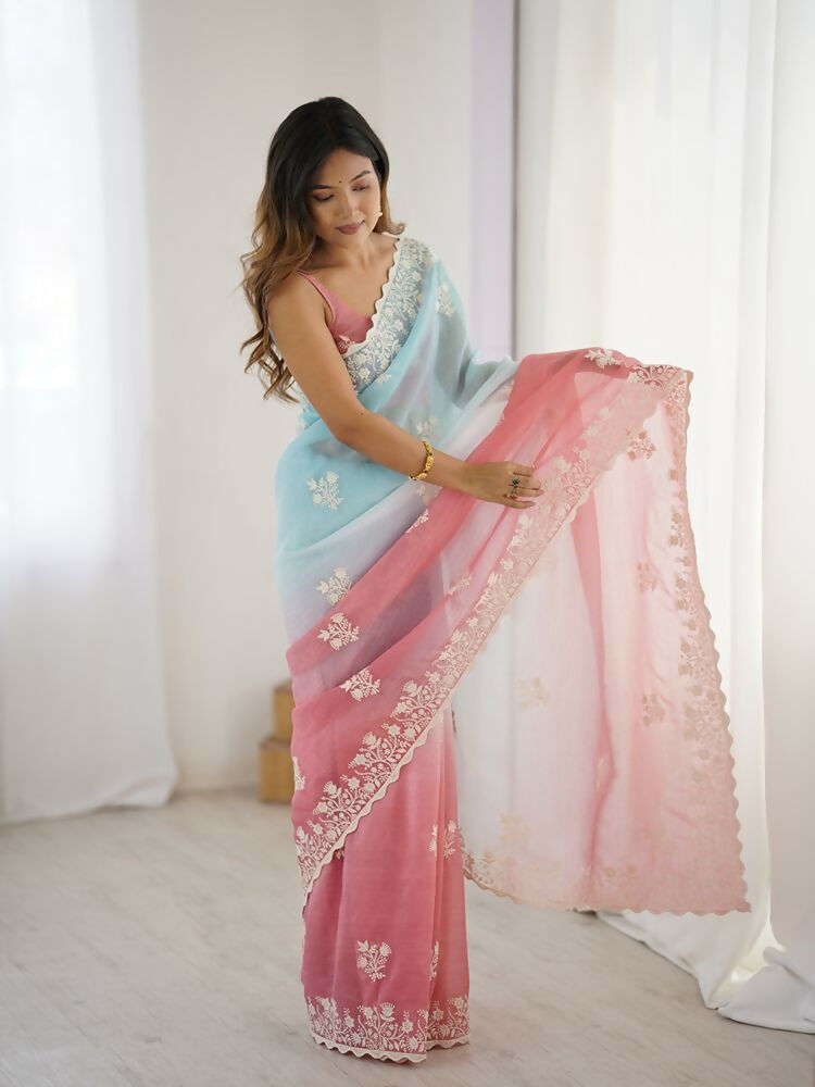 Rust Crunchy Silk Embroidery Work Party Wear Saree - Lakshita | Grocsy